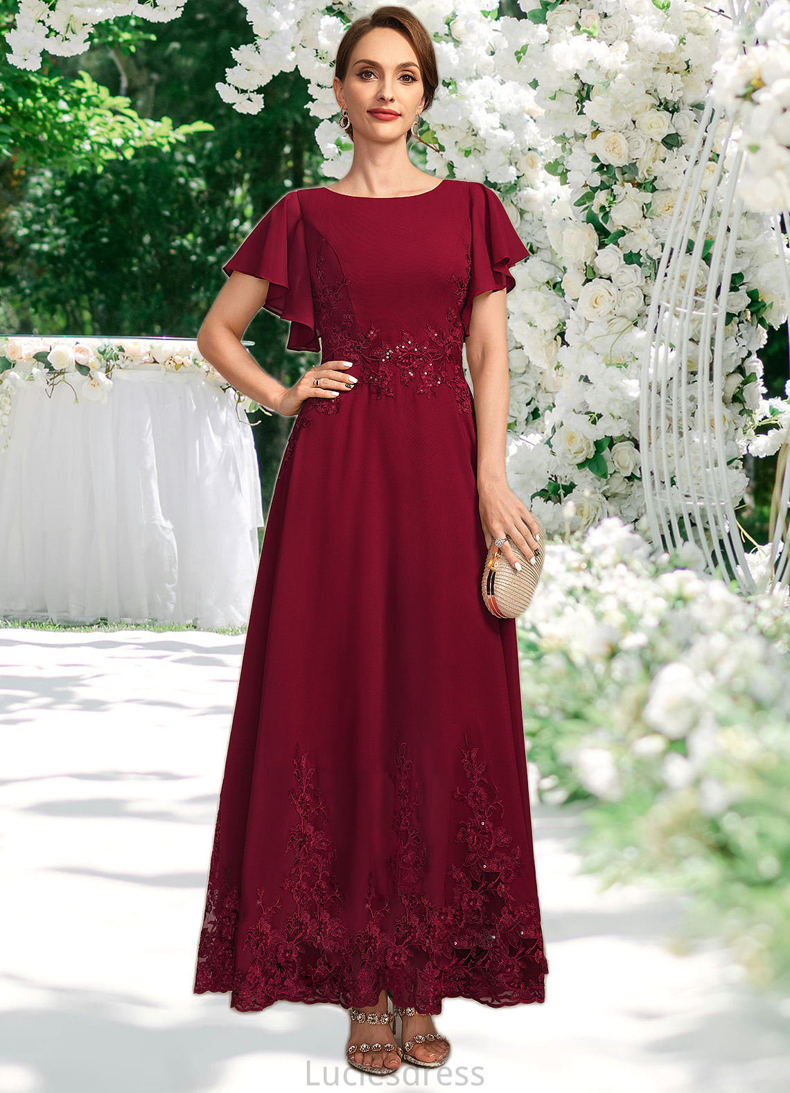 Susanna A-line Scoop Ankle-Length Chiffon Lace Mother of the Bride Dress With Sequins HFP0021676