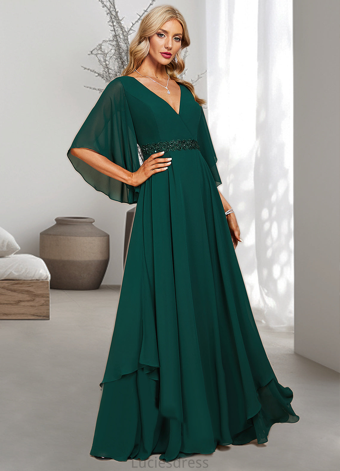 Evangeline A-line V-Neck Floor-Length Chiffon Mother of the Bride Dress With Beading Appliques Lace Sequins HFP0021682