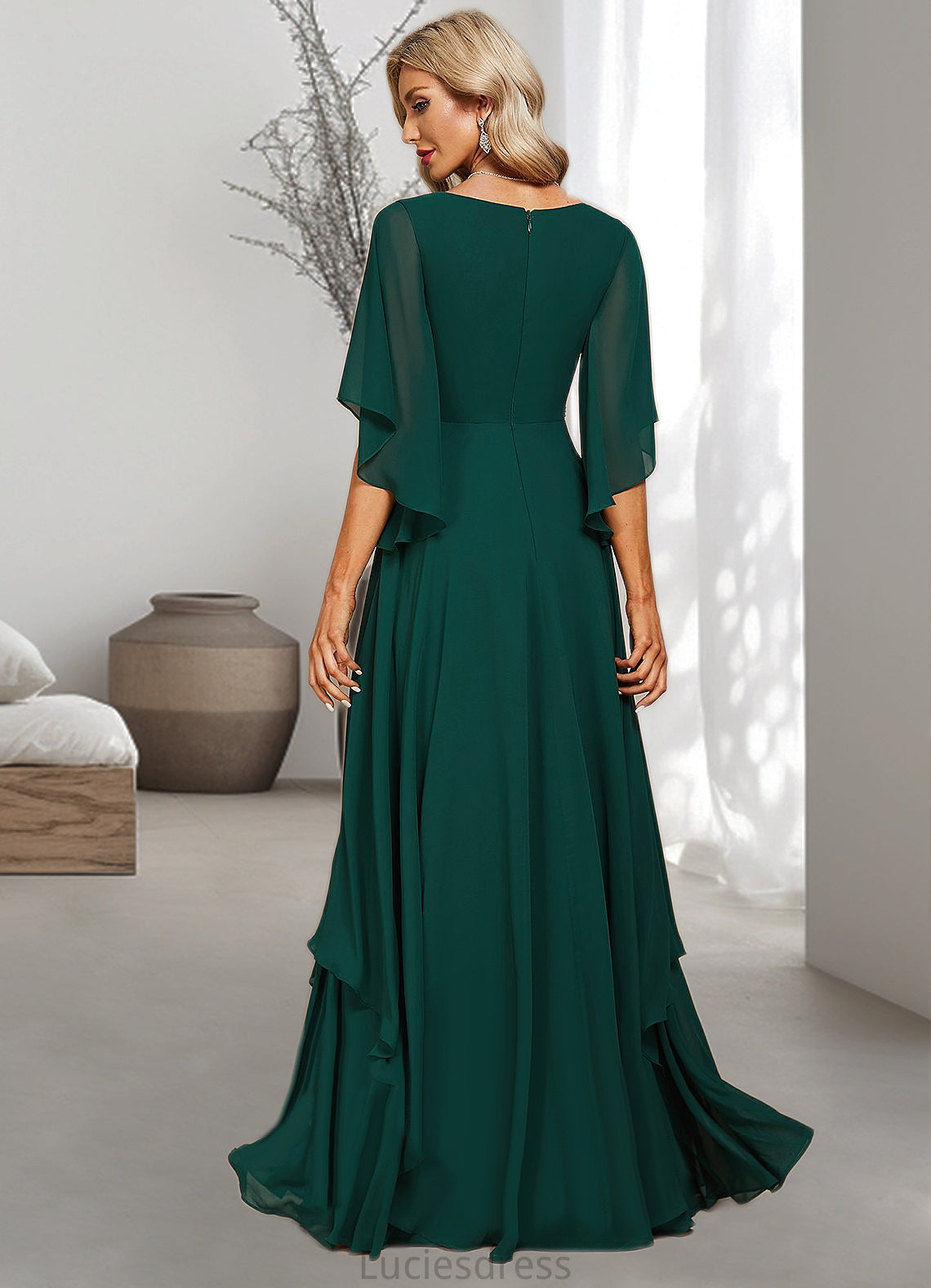 Evangeline A-line V-Neck Floor-Length Chiffon Mother of the Bride Dress With Beading Appliques Lace Sequins HFP0021682