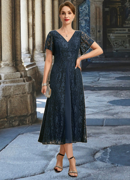 April A-line V-Neck Tea-Length Chiffon Lace Mother of the Bride Dress HFP0021686