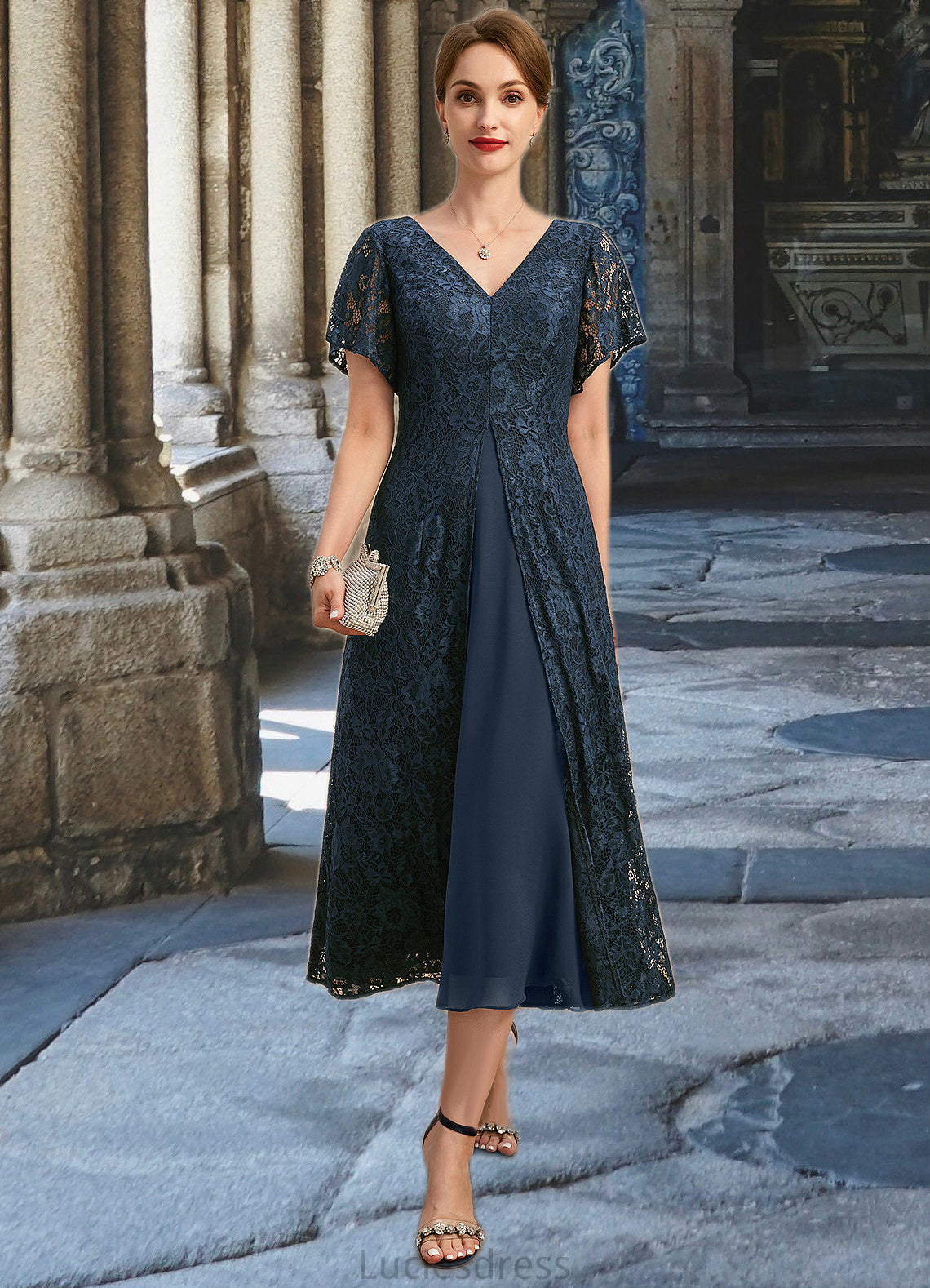 April A-line V-Neck Tea-Length Chiffon Lace Mother of the Bride Dress HFP0021686