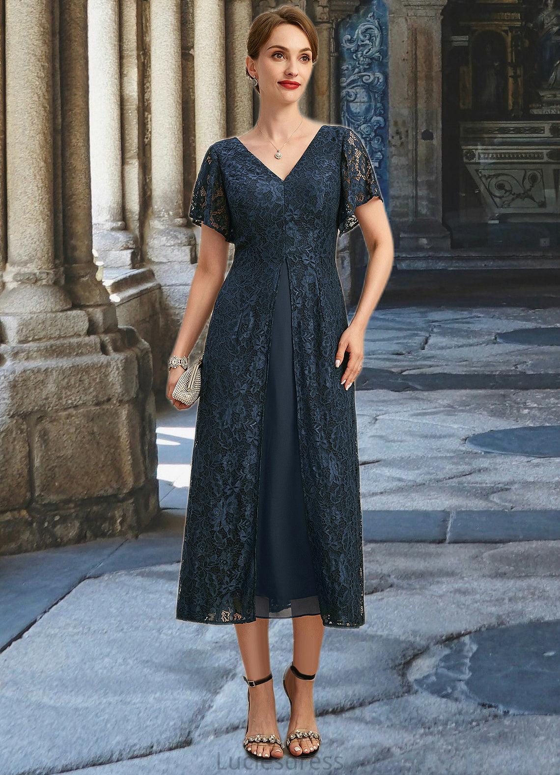 April A-line V-Neck Tea-Length Chiffon Lace Mother of the Bride Dress HFP0021686