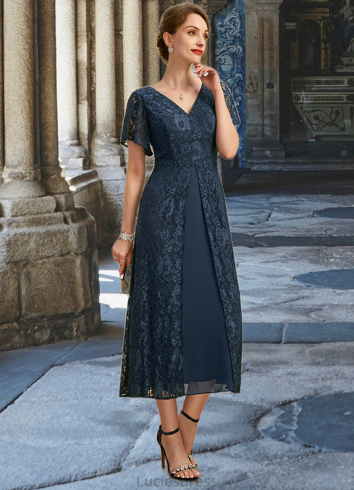 April A-line V-Neck Tea-Length Chiffon Lace Mother of the Bride Dress HFP0021686