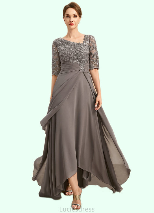 Essence A-line Asymmetrical Asymmetrical Chiffon Lace Mother of the Bride Dress With Pleated Sequins HFP0021688