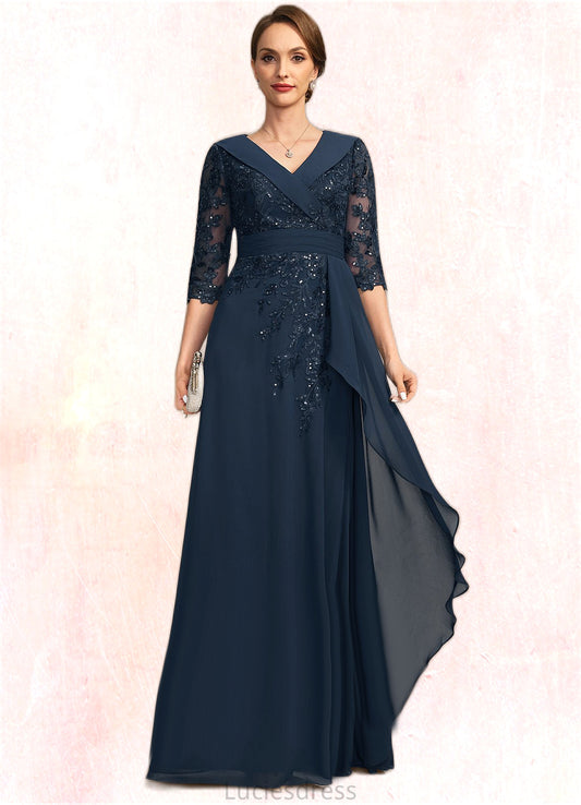 Sarah A-line V-Neck Floor-Length Chiffon Lace Mother of the Bride Dress With Cascading Ruffles Sequins HFP0021691