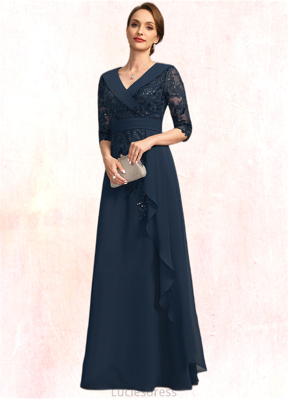 Sarah A-line V-Neck Floor-Length Chiffon Lace Mother of the Bride Dress With Cascading Ruffles Sequins HFP0021691