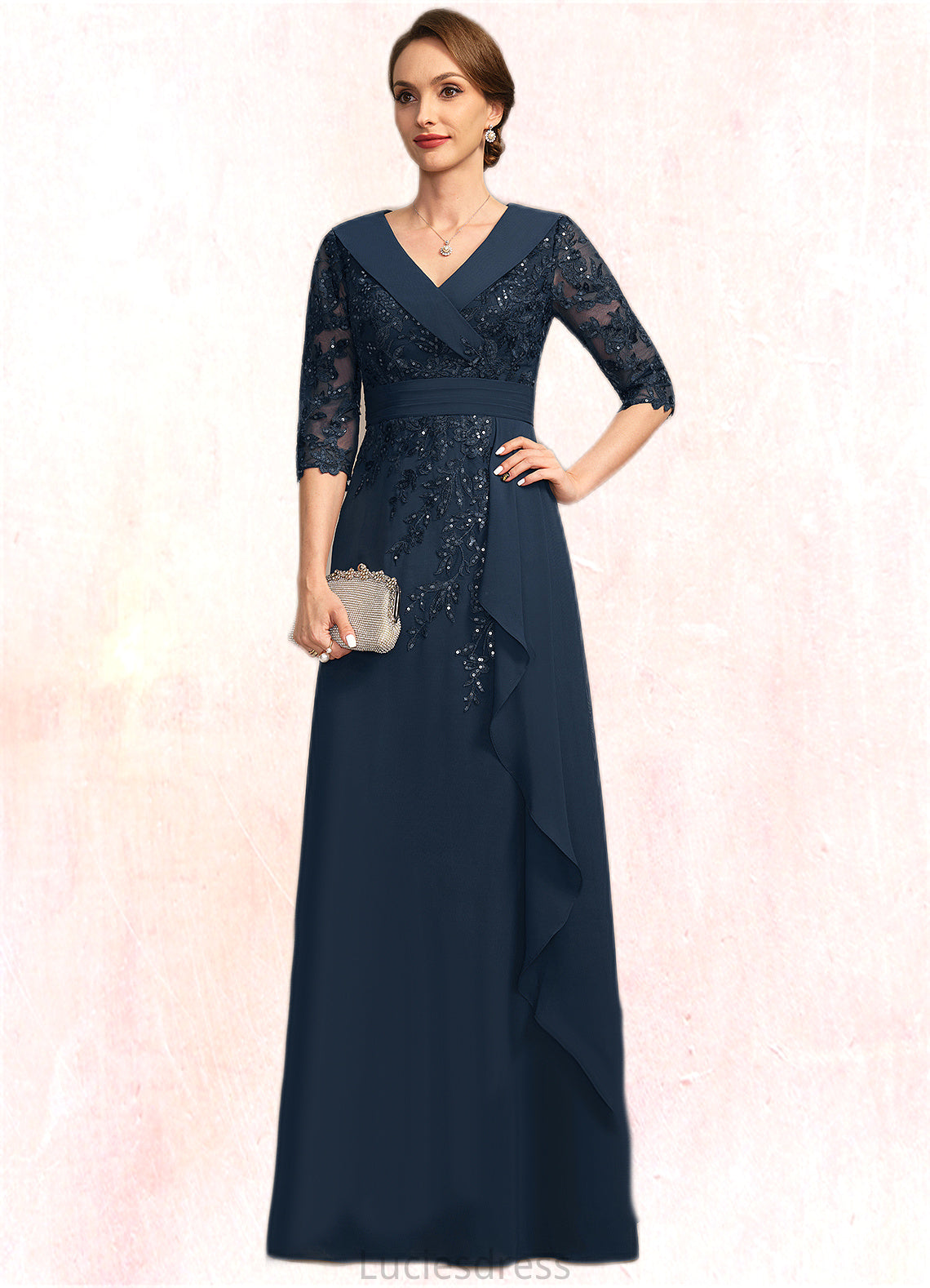 Sarah A-line V-Neck Floor-Length Chiffon Lace Mother of the Bride Dress With Cascading Ruffles Sequins HFP0021691