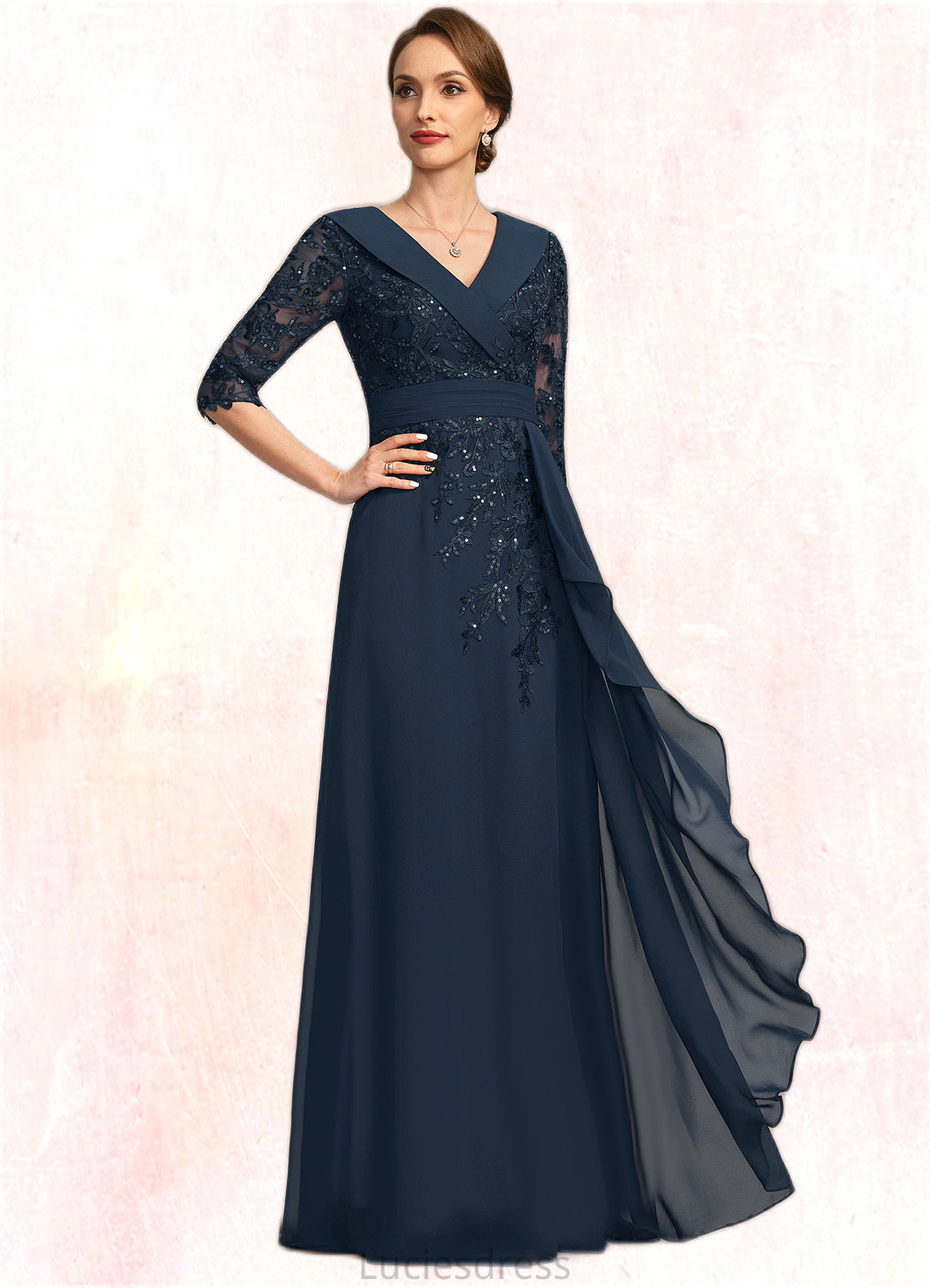 Sarah A-line V-Neck Floor-Length Chiffon Lace Mother of the Bride Dress With Cascading Ruffles Sequins HFP0021691