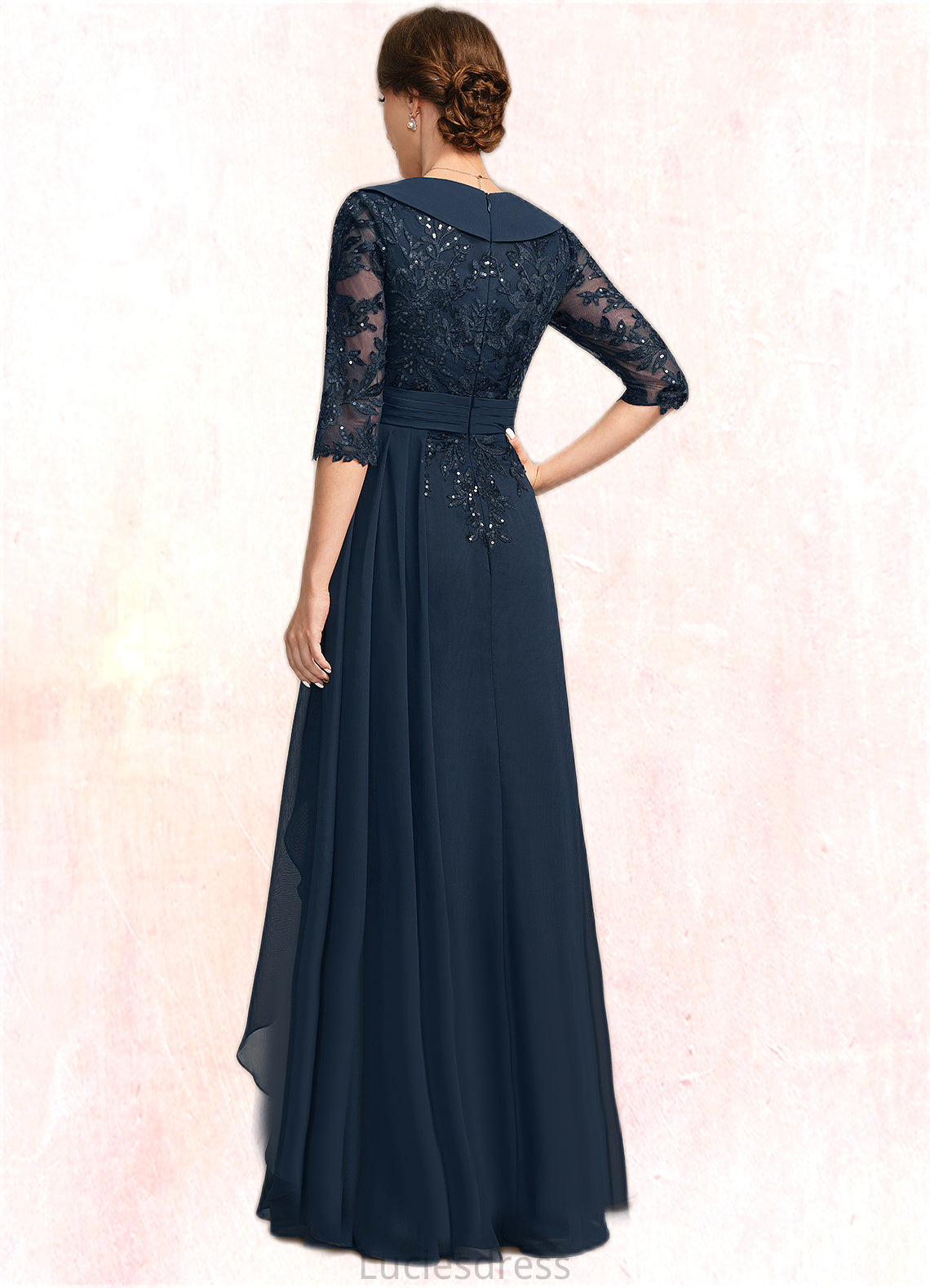 Sarah A-line V-Neck Floor-Length Chiffon Lace Mother of the Bride Dress With Cascading Ruffles Sequins HFP0021691