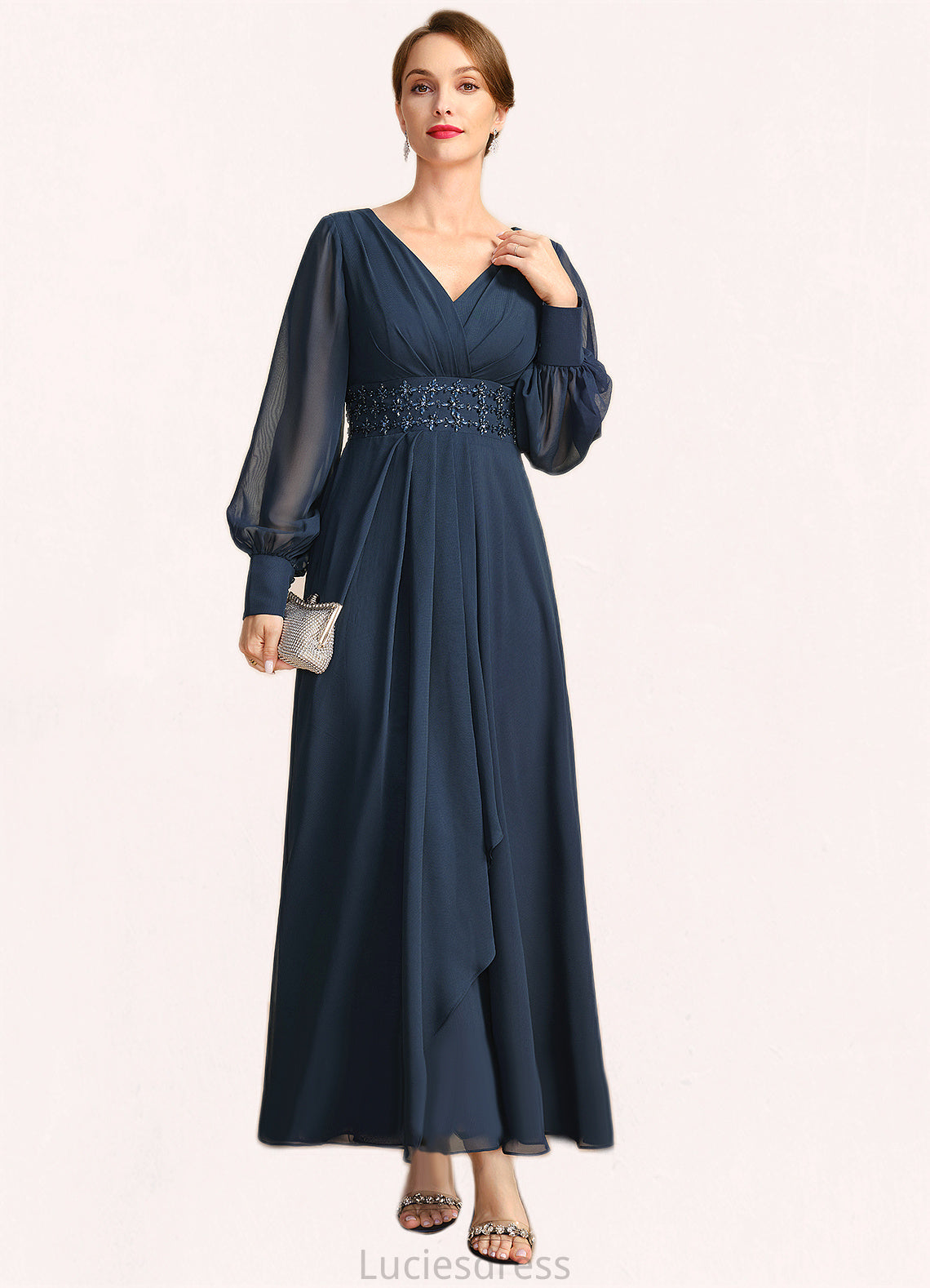 Maeve A-line V-Neck Ankle-Length Chiffon Mother of the Bride Dress With Beading Cascading Ruffles Sequins HFP0021698