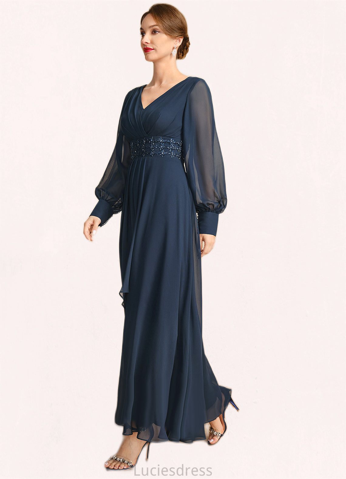 Maeve A-line V-Neck Ankle-Length Chiffon Mother of the Bride Dress With Beading Cascading Ruffles Sequins HFP0021698