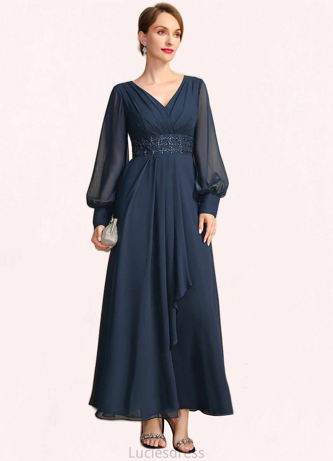 Maeve A-line V-Neck Ankle-Length Chiffon Mother of the Bride Dress With Beading Cascading Ruffles Sequins HFP0021698