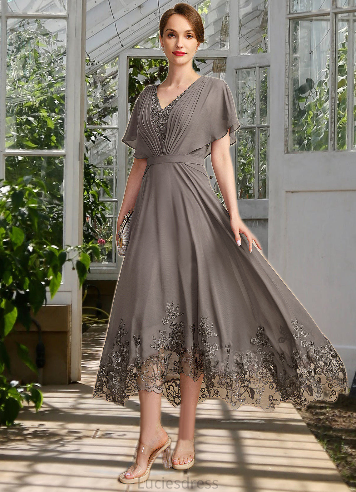 Hedwig A-line V-Neck Asymmetrical Chiffon Lace Mother of the Bride Dress With Pleated HFP0021699