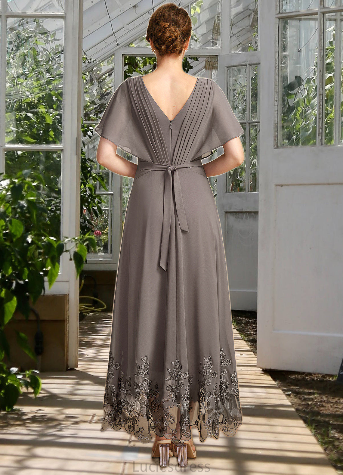 Hedwig A-line V-Neck Asymmetrical Chiffon Lace Mother of the Bride Dress With Pleated HFP0021699