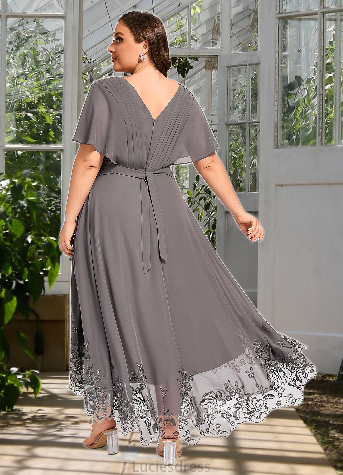 Hedwig A-line V-Neck Asymmetrical Chiffon Lace Mother of the Bride Dress With Pleated HFP0021699