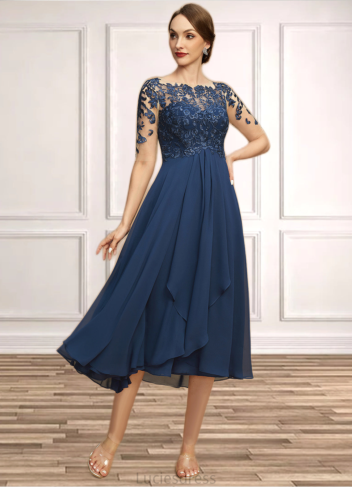 Paulina A-line Boat Neck Illusion Tea-Length Chiffon Lace Mother of the Bride Dress With Cascading Ruffles Sequins HFP0021702