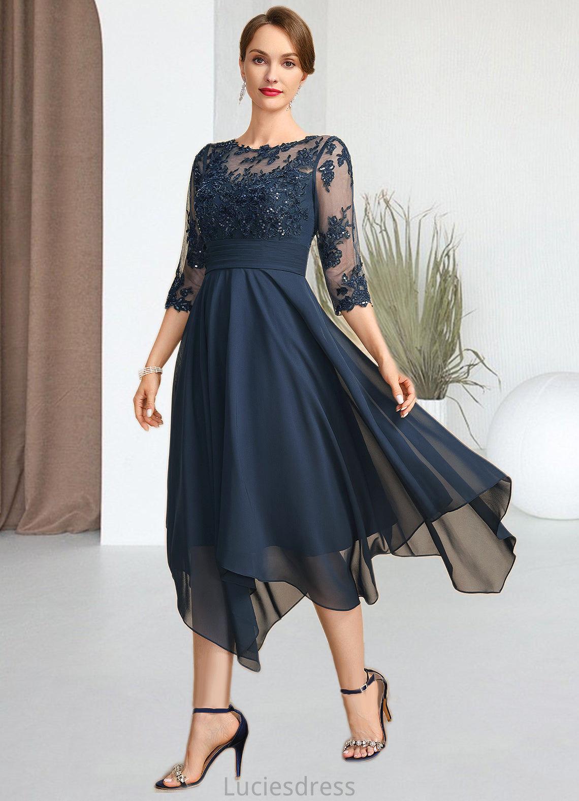 Erica A-line Scoop Illusion Tea-Length Chiffon Lace Mother of the Bride Dress With Sequins HFP0021704