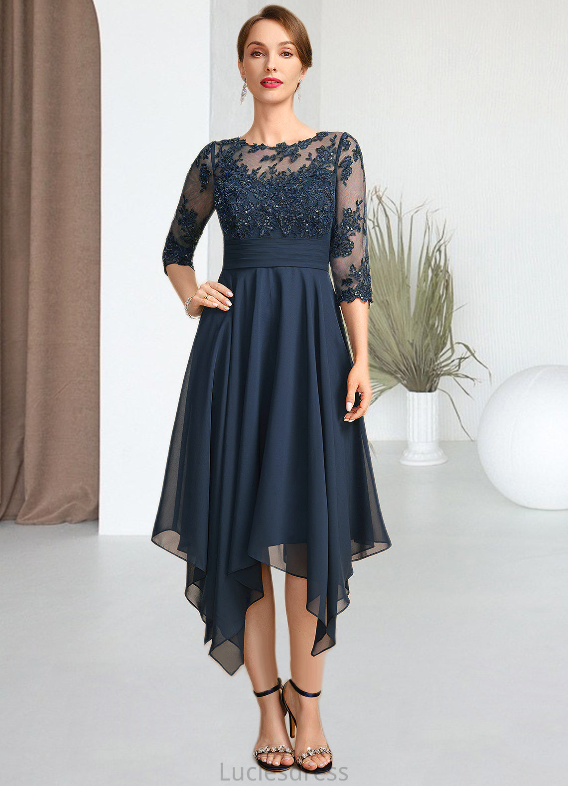 Erica A-line Scoop Illusion Tea-Length Chiffon Lace Mother of the Bride Dress With Sequins HFP0021704