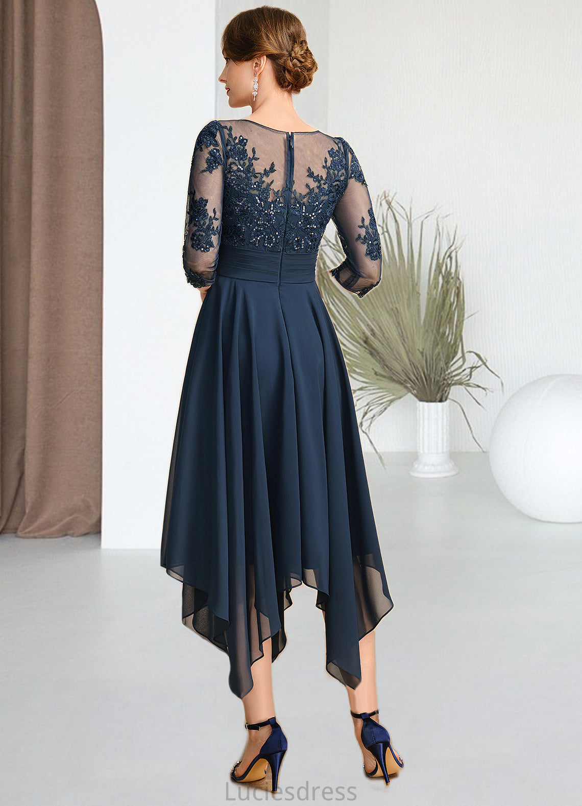 Erica A-line Scoop Illusion Tea-Length Chiffon Lace Mother of the Bride Dress With Sequins HFP0021704