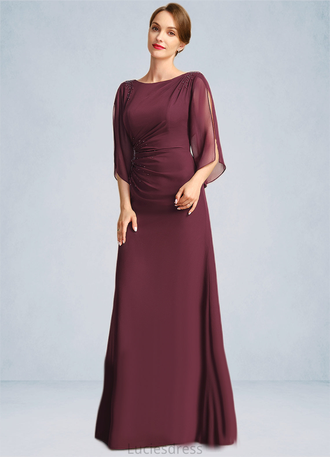 Chelsea Sheath/Column Scoop Floor-Length Chiffon Mother of the Bride Dress With Beading Pleated HFP0021708