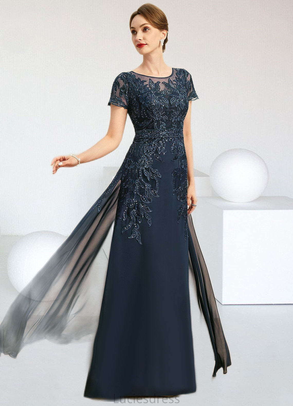 Rayne Sheath/Column Scoop Illusion Floor-Length Chiffon Lace Mother of the Bride Dress With Sequins HFP0021709