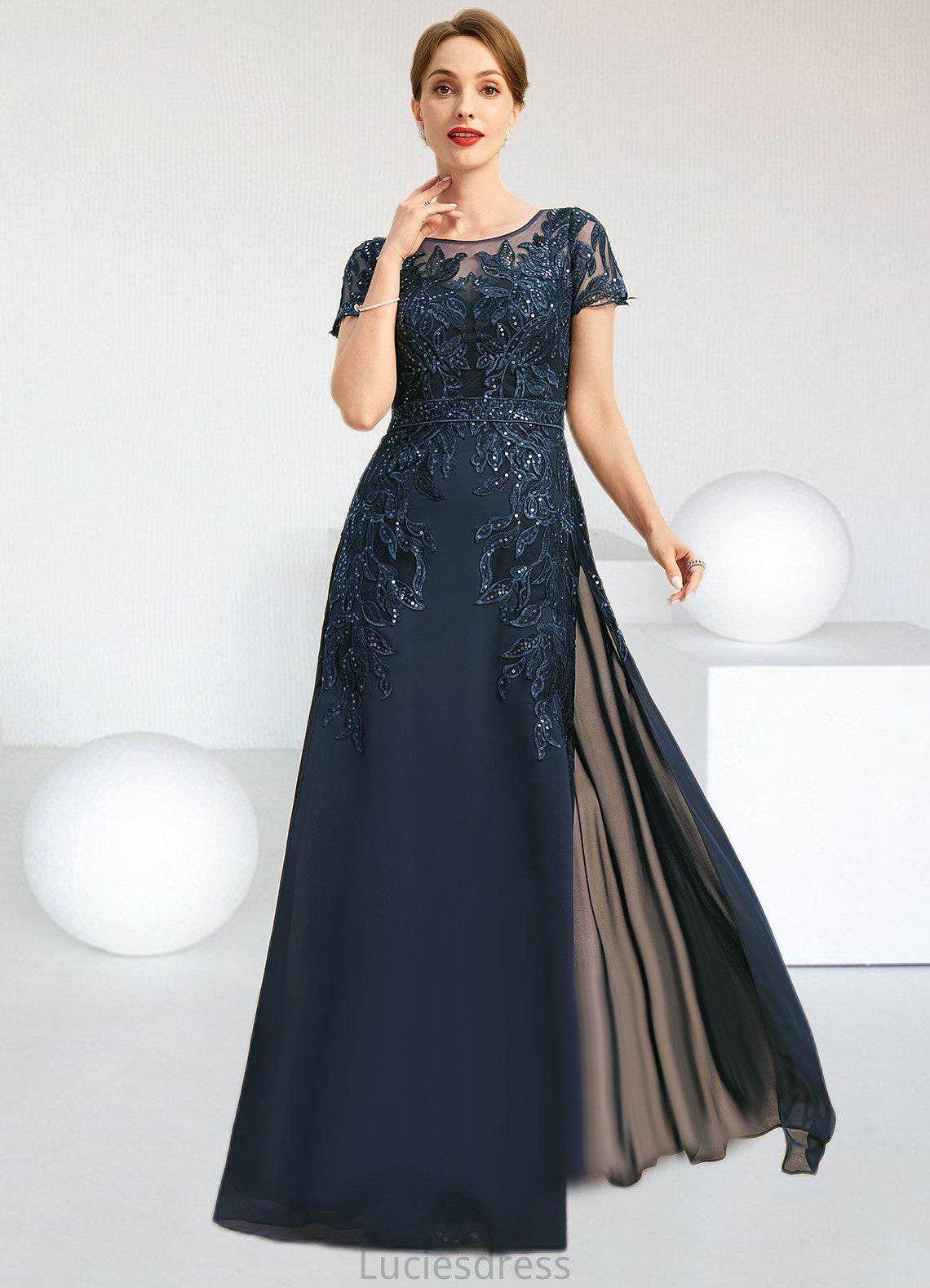 Rayne Sheath/Column Scoop Illusion Floor-Length Chiffon Lace Mother of the Bride Dress With Sequins HFP0021709