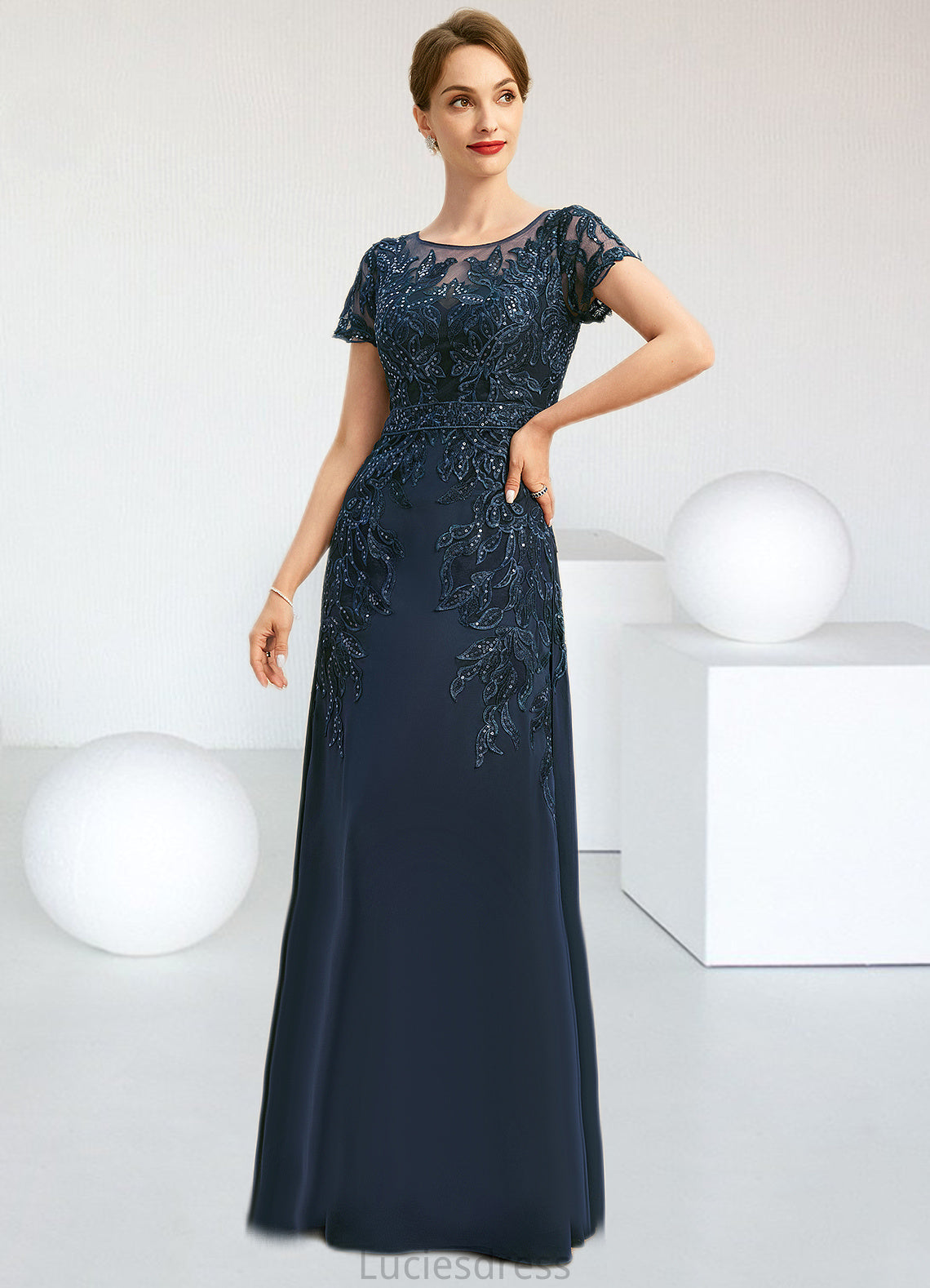 Rayne Sheath/Column Scoop Illusion Floor-Length Chiffon Lace Mother of the Bride Dress With Sequins HFP0021709