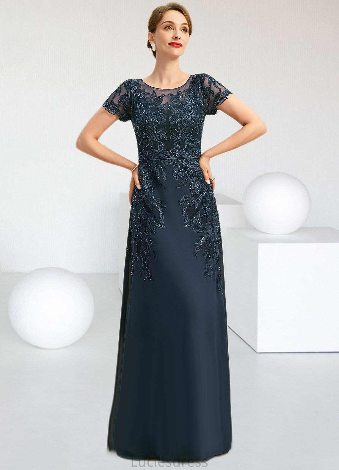 Rayne Sheath/Column Scoop Illusion Floor-Length Chiffon Lace Mother of the Bride Dress With Sequins HFP0021709