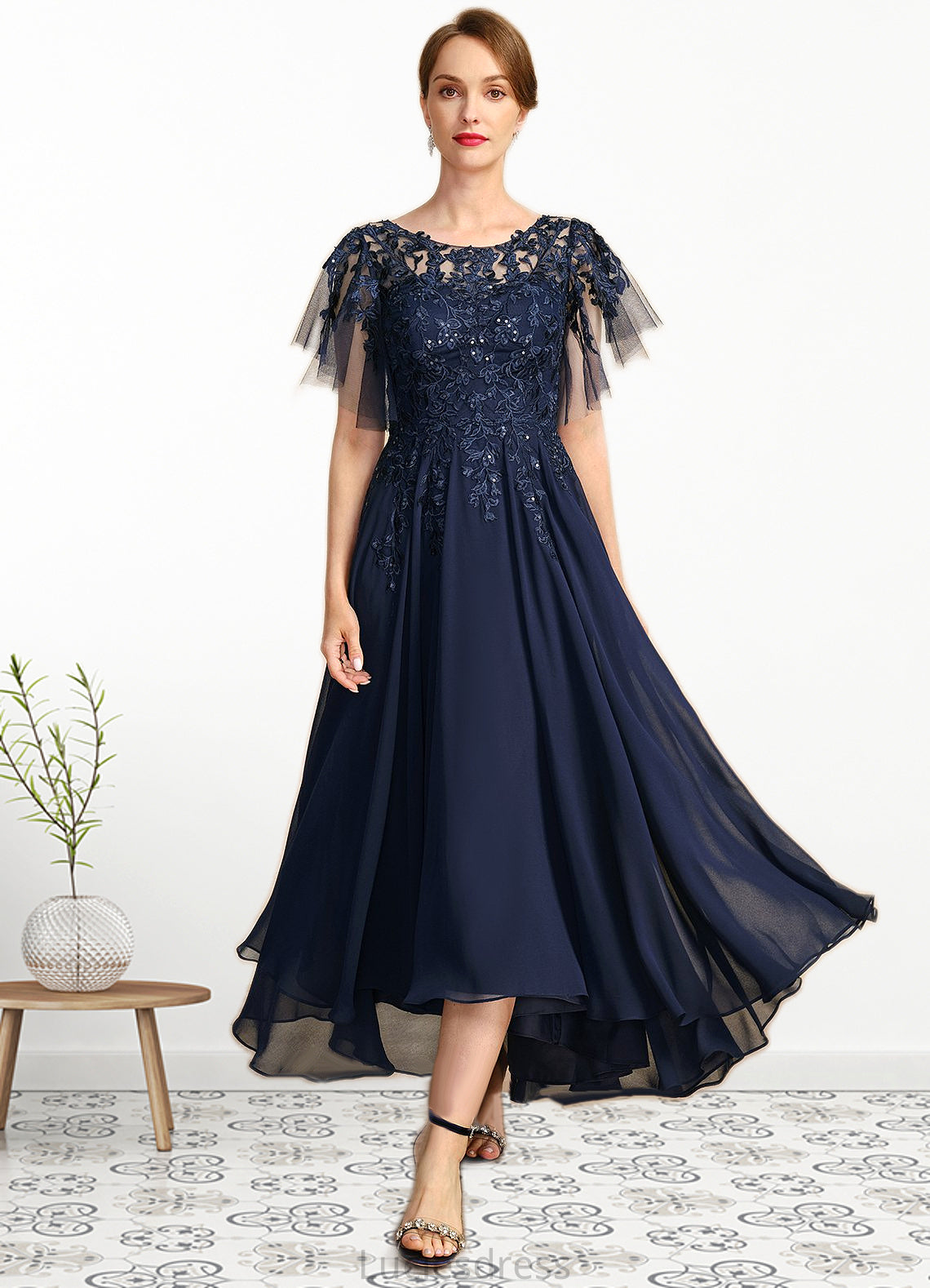 Mia A-line Scoop Illusion Asymmetrical Chiffon Lace Mother of the Bride Dress With Sequins HFP0021712