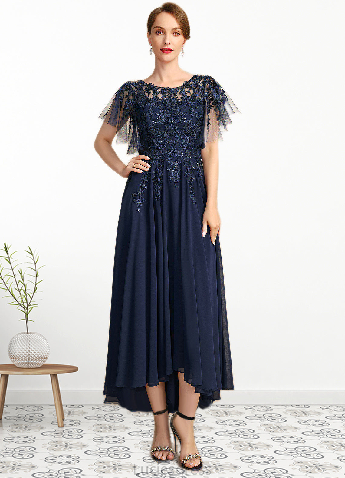 Mia A-line Scoop Illusion Asymmetrical Chiffon Lace Mother of the Bride Dress With Sequins HFP0021712