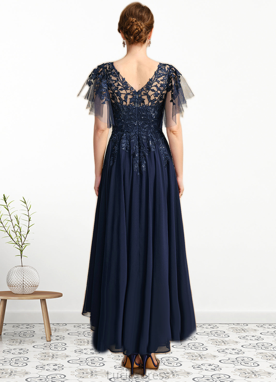 Mia A-line Scoop Illusion Asymmetrical Chiffon Lace Mother of the Bride Dress With Sequins HFP0021712