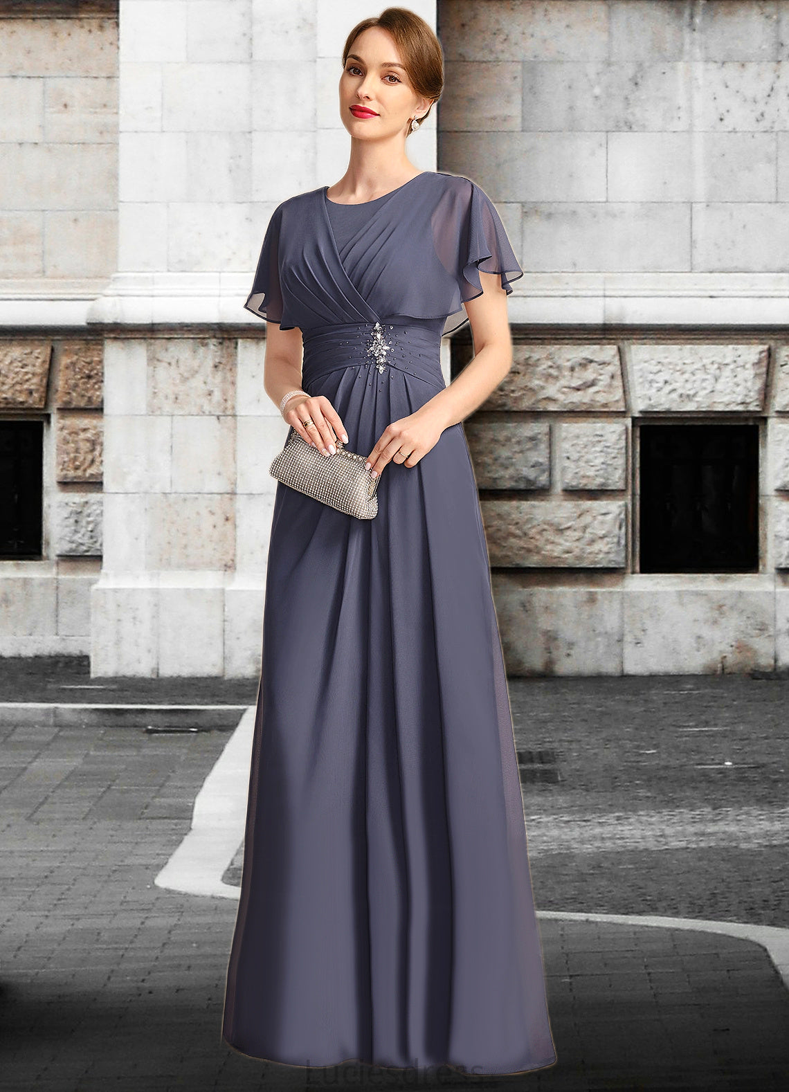 Kirsten A-line Scoop Floor-Length Chiffon Mother of the Bride Dress With Beading Pleated HFP0021717