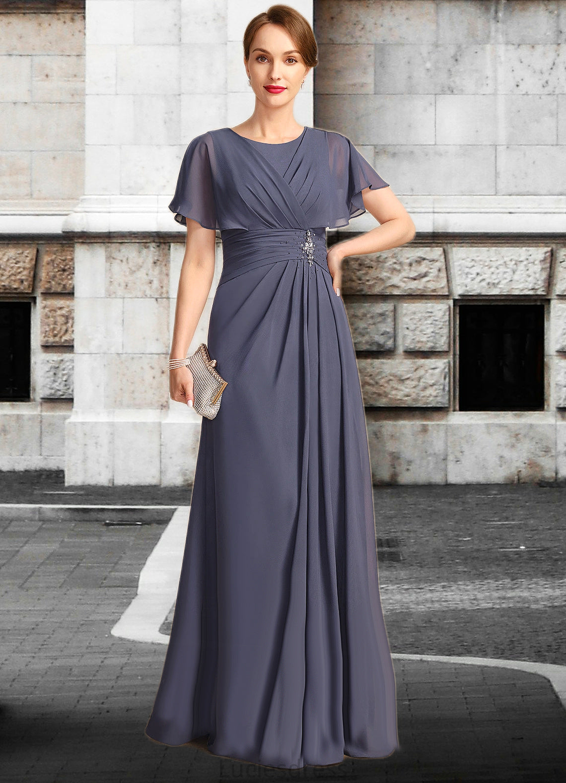 Kirsten A-line Scoop Floor-Length Chiffon Mother of the Bride Dress With Beading Pleated HFP0021717