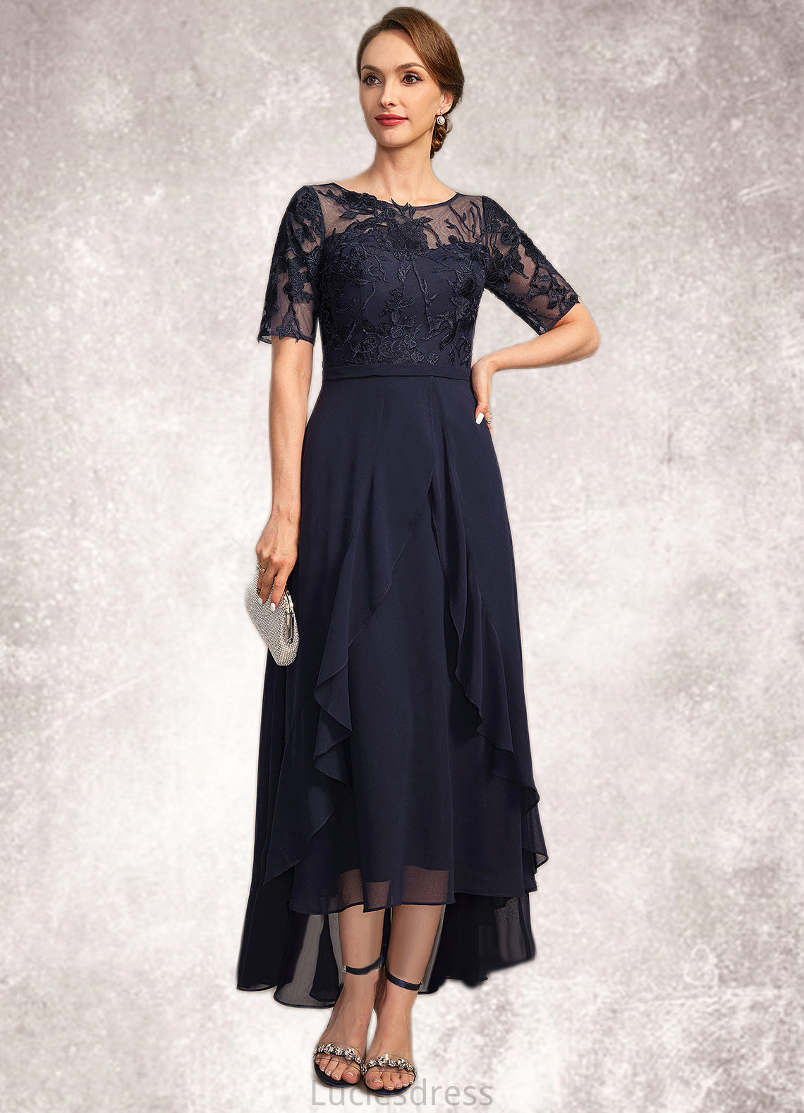 Mareli A-line Scoop Illusion Asymmetrical Chiffon Lace Mother of the Bride Dress HFP0021725