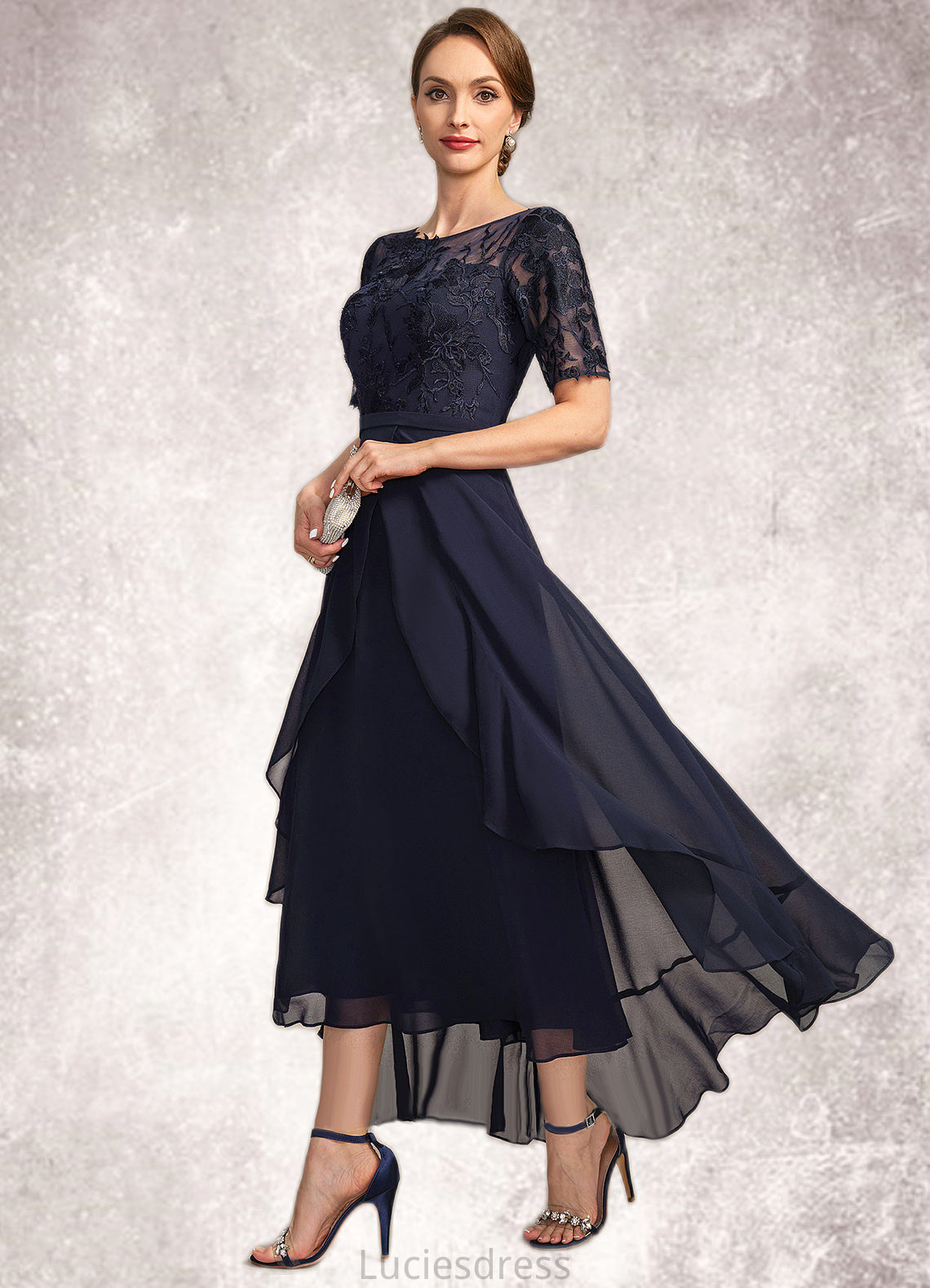 Mareli A-line Scoop Illusion Asymmetrical Chiffon Lace Mother of the Bride Dress HFP0021725