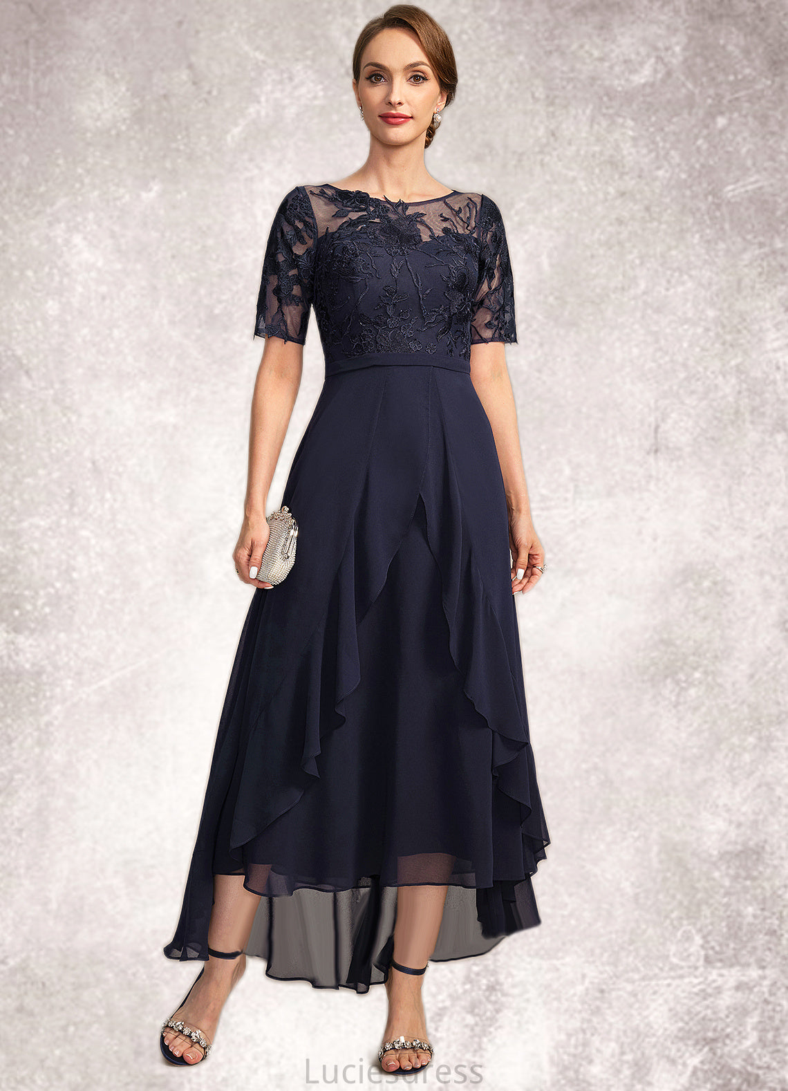 Mareli A-line Scoop Illusion Asymmetrical Chiffon Lace Mother of the Bride Dress HFP0021725