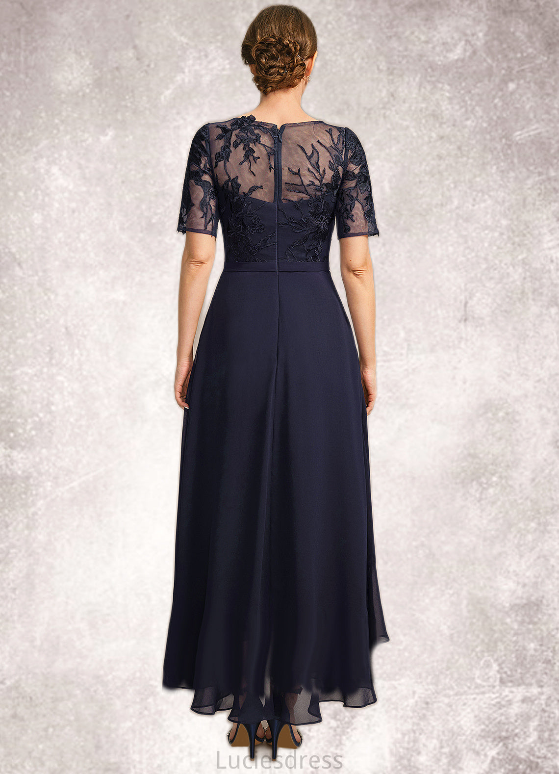 Mareli A-line Scoop Illusion Asymmetrical Chiffon Lace Mother of the Bride Dress HFP0021725