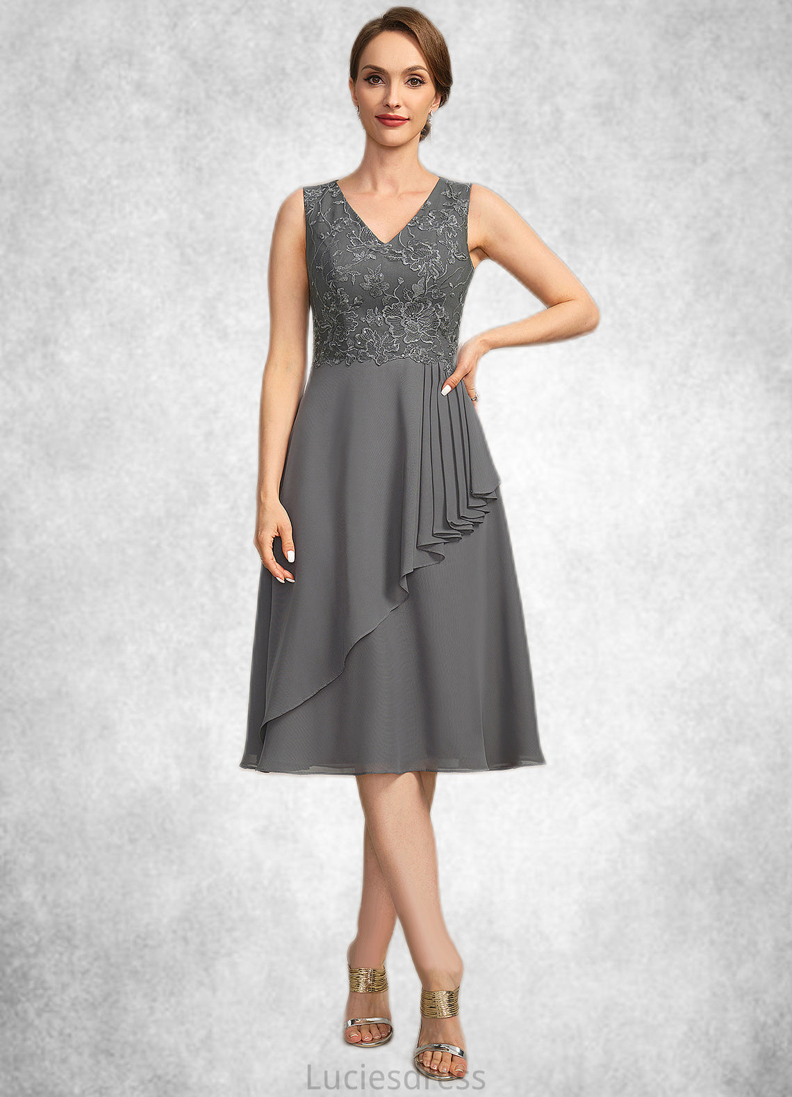 Lilliana A-line V-Neck Knee-Length Chiffon Lace Mother of the Bride Dress With Cascading Ruffles Sequins HFP0021732