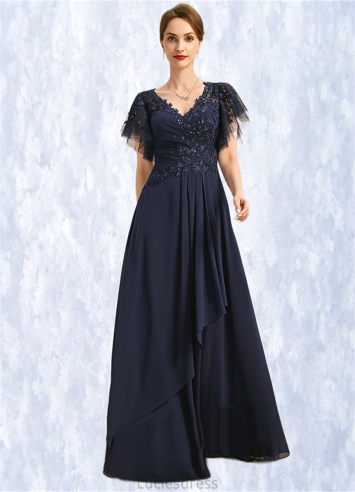 Genesis A-line V-Neck Floor-Length Chiffon Lace Mother of the Bride Dress With Cascading Ruffles Sequins HFP0021738