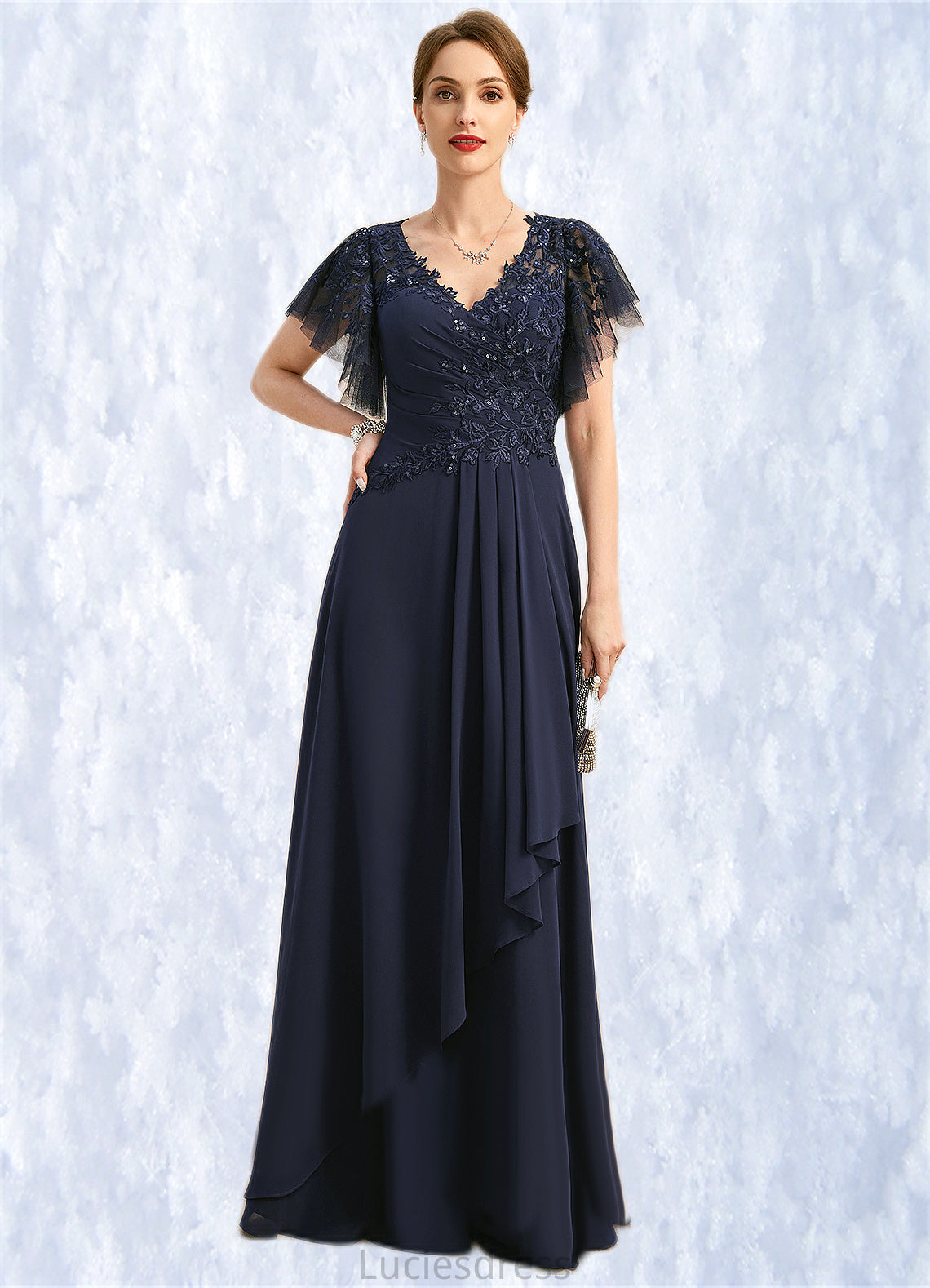 Genesis A-line V-Neck Floor-Length Chiffon Lace Mother of the Bride Dress With Cascading Ruffles Sequins HFP0021738