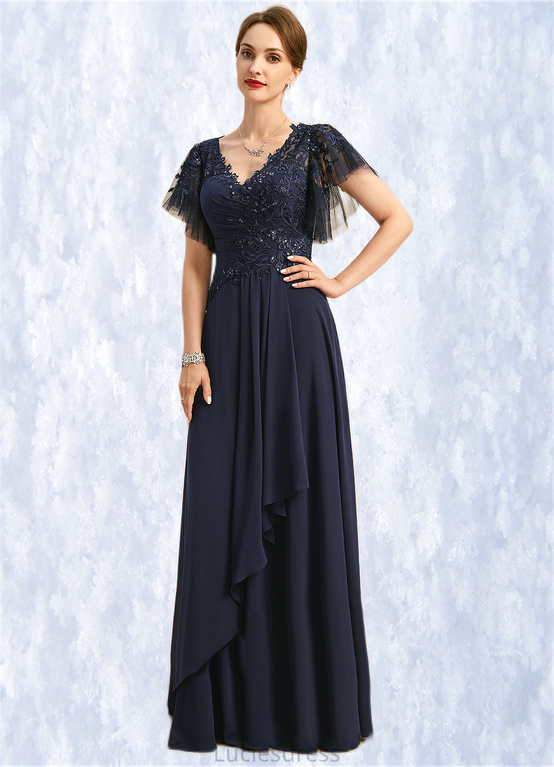 Genesis A-line V-Neck Floor-Length Chiffon Lace Mother of the Bride Dress With Cascading Ruffles Sequins HFP0021738