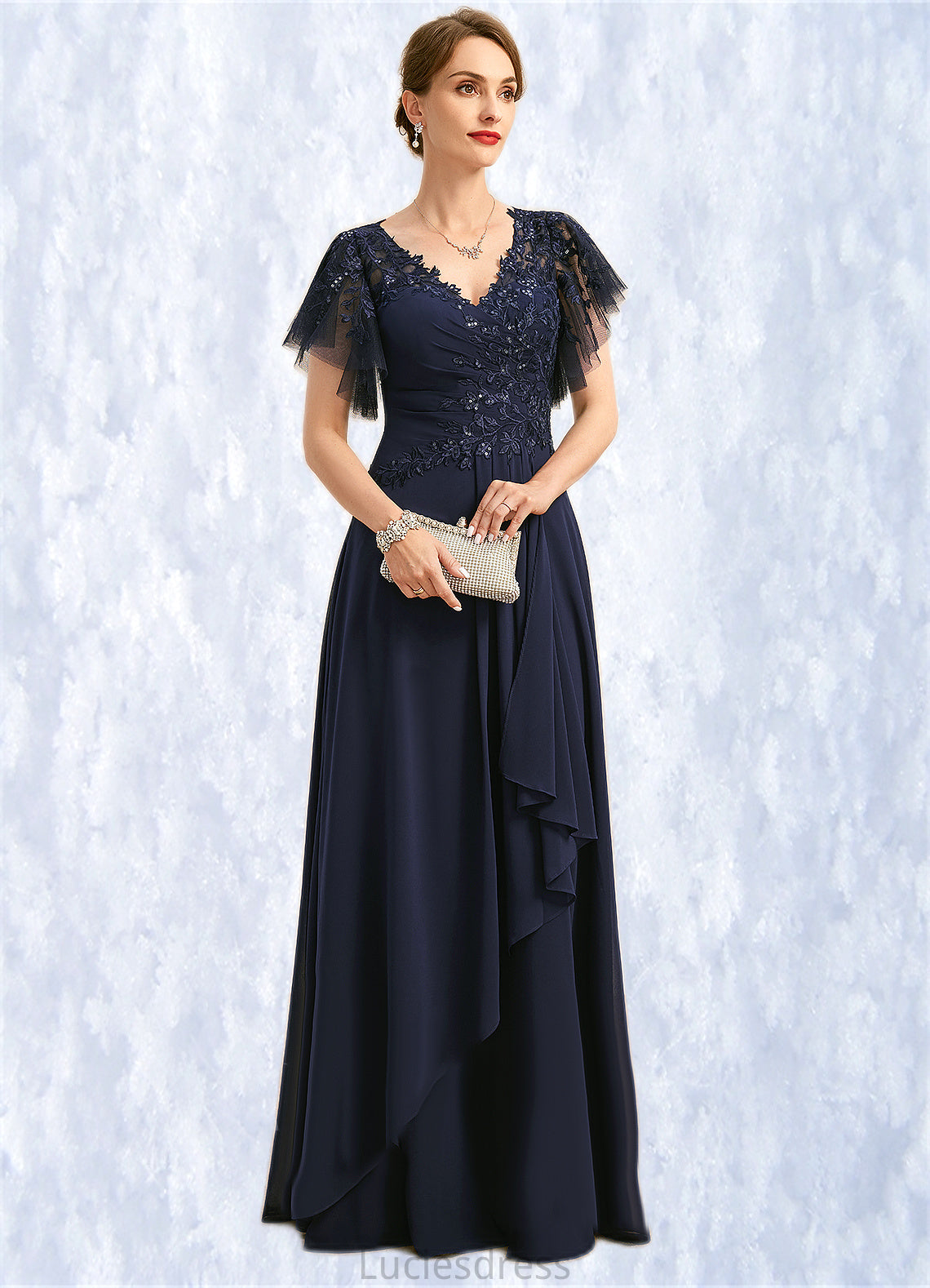 Genesis A-line V-Neck Floor-Length Chiffon Lace Mother of the Bride Dress With Cascading Ruffles Sequins HFP0021738