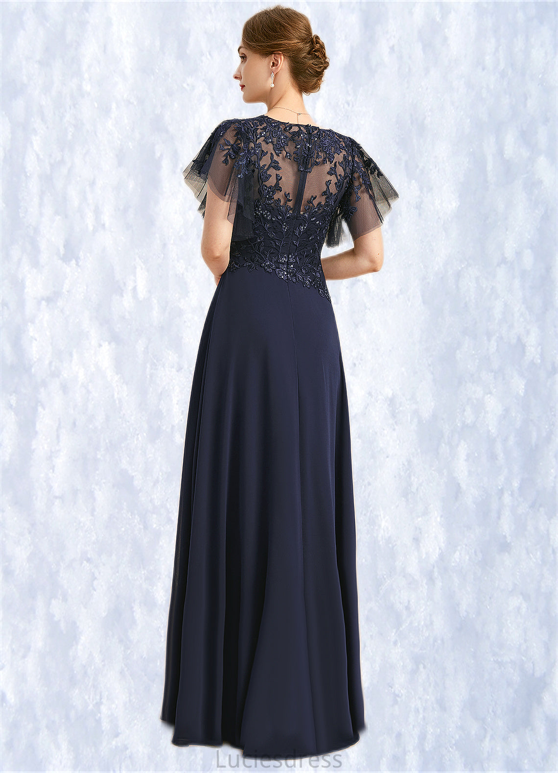 Genesis A-line V-Neck Floor-Length Chiffon Lace Mother of the Bride Dress With Cascading Ruffles Sequins HFP0021738