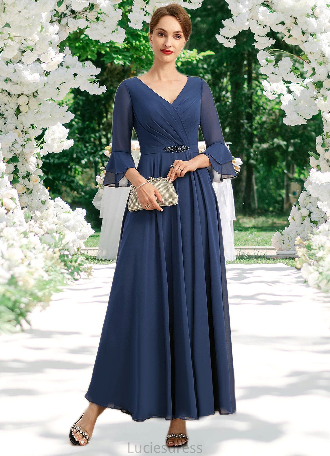 Elisabeth A-line V-Neck Ankle-Length Chiffon Mother of the Bride Dress With Beading Pleated Sequins HFP0021745