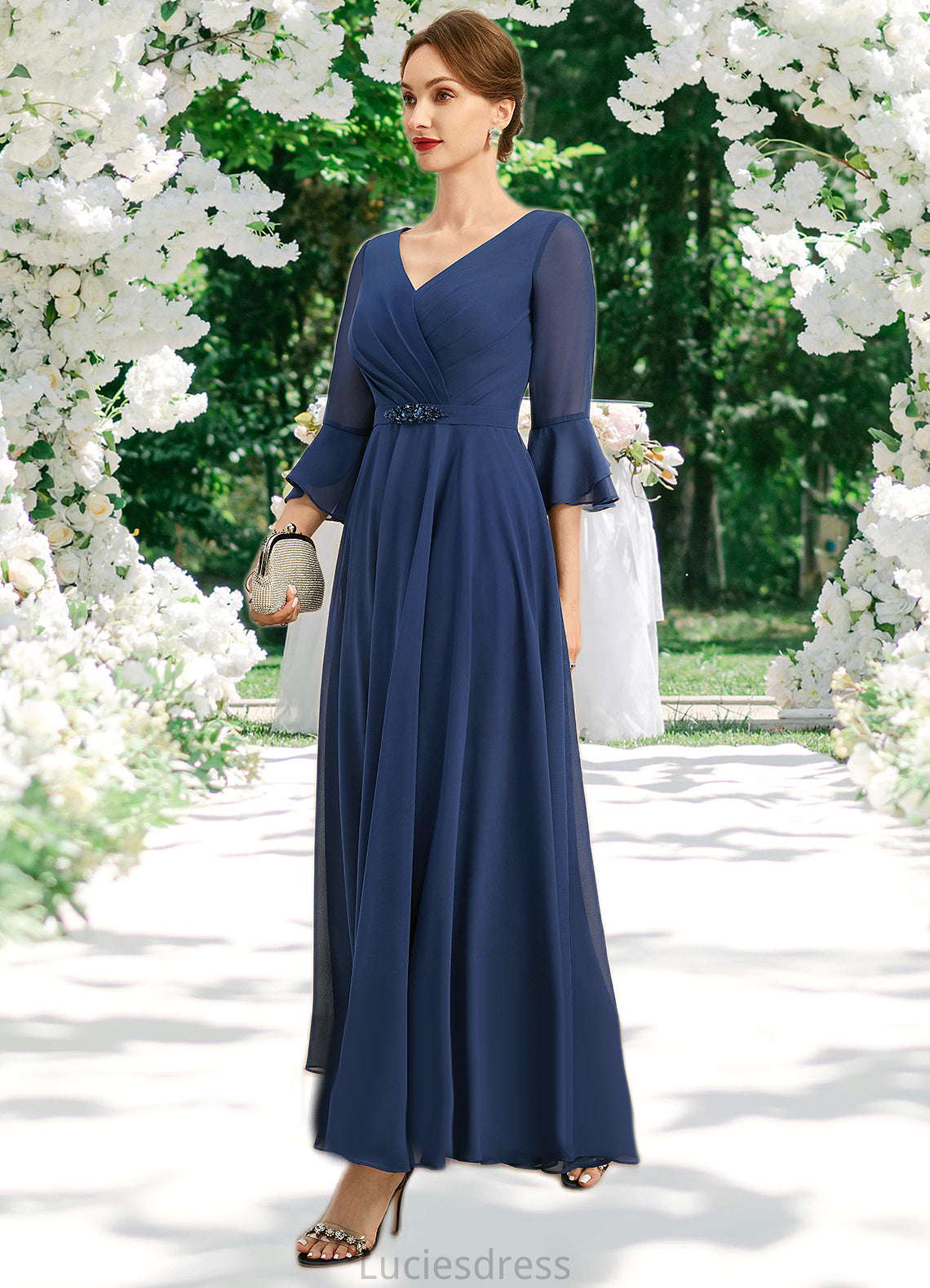 Elisabeth A-line V-Neck Ankle-Length Chiffon Mother of the Bride Dress With Beading Pleated Sequins HFP0021745