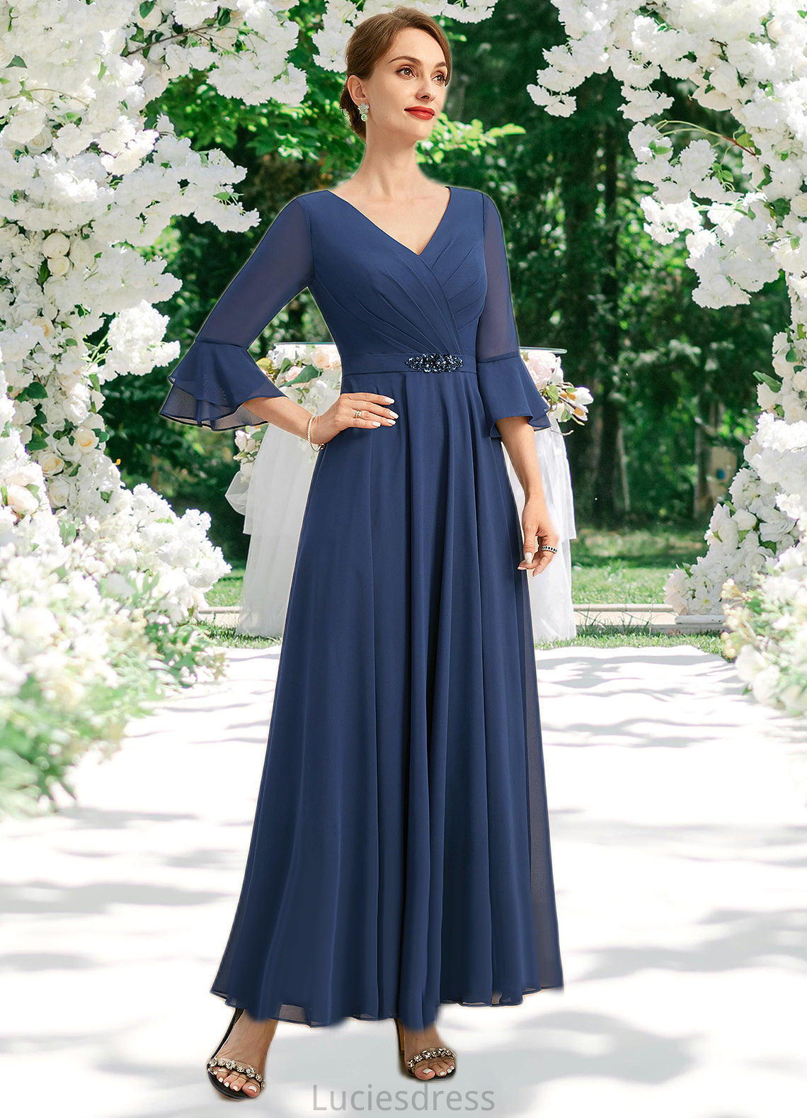 Elisabeth A-line V-Neck Ankle-Length Chiffon Mother of the Bride Dress With Beading Pleated Sequins HFP0021745