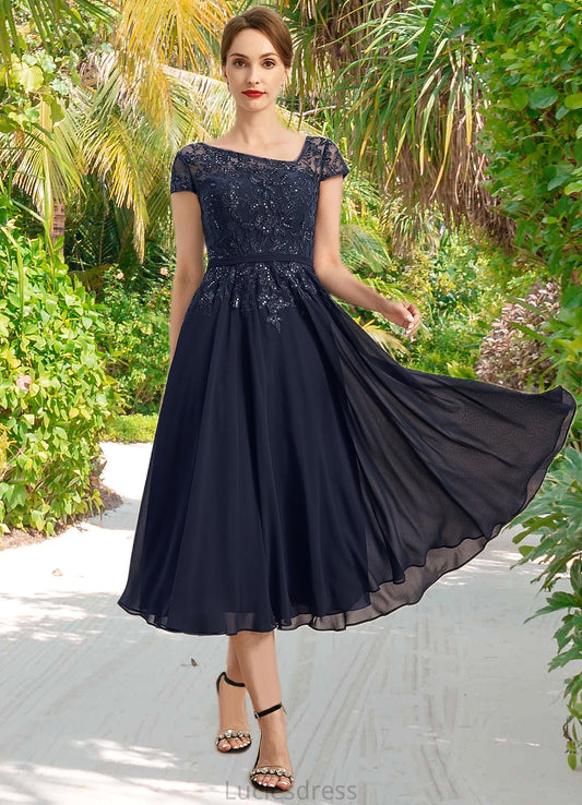 Danika A-line Asymmetrical Tea-Length Chiffon Lace Mother of the Bride Dress With Sequins HFP0021750