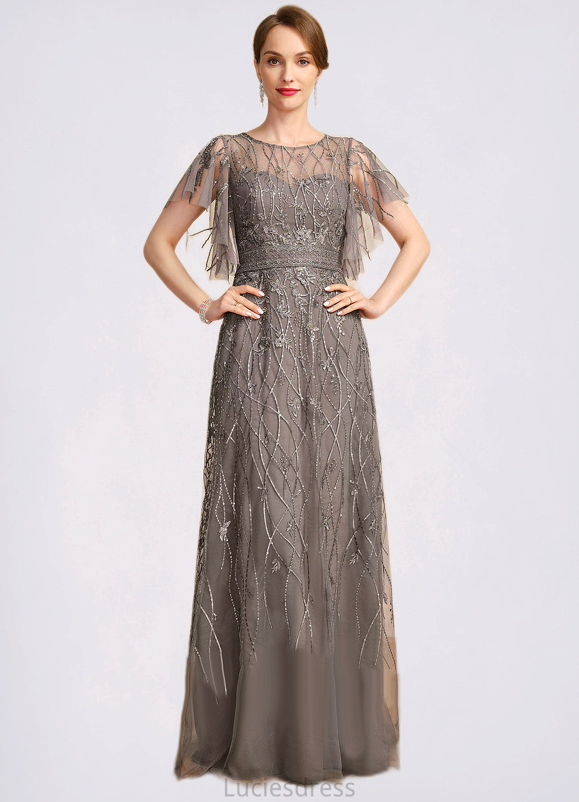 Lucy A-line Scoop Illusion Floor-Length Lace Mother of the Bride Dress With Sequins HFP0021752