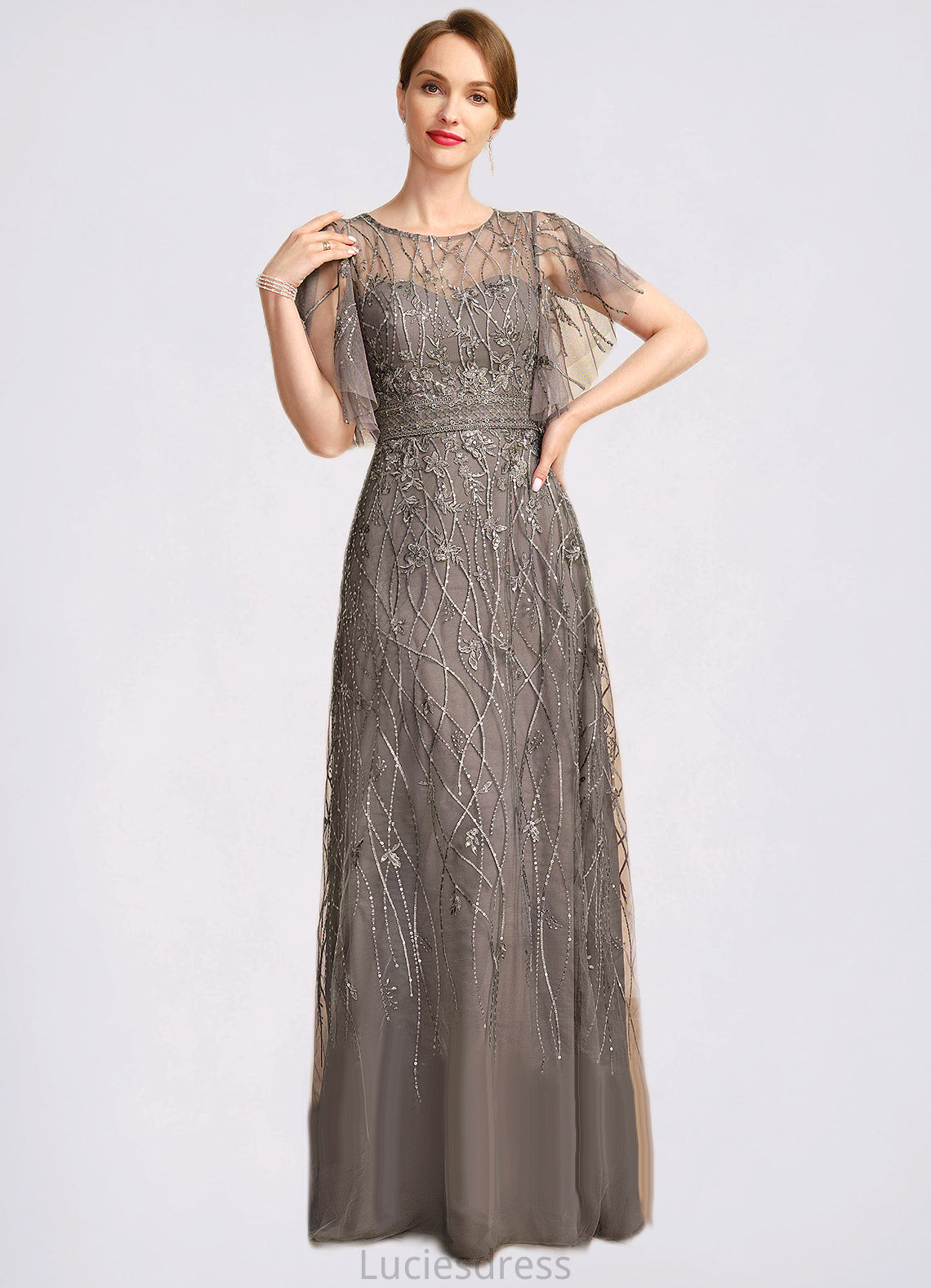 Lucy A-line Scoop Illusion Floor-Length Lace Mother of the Bride Dress With Sequins HFP0021752