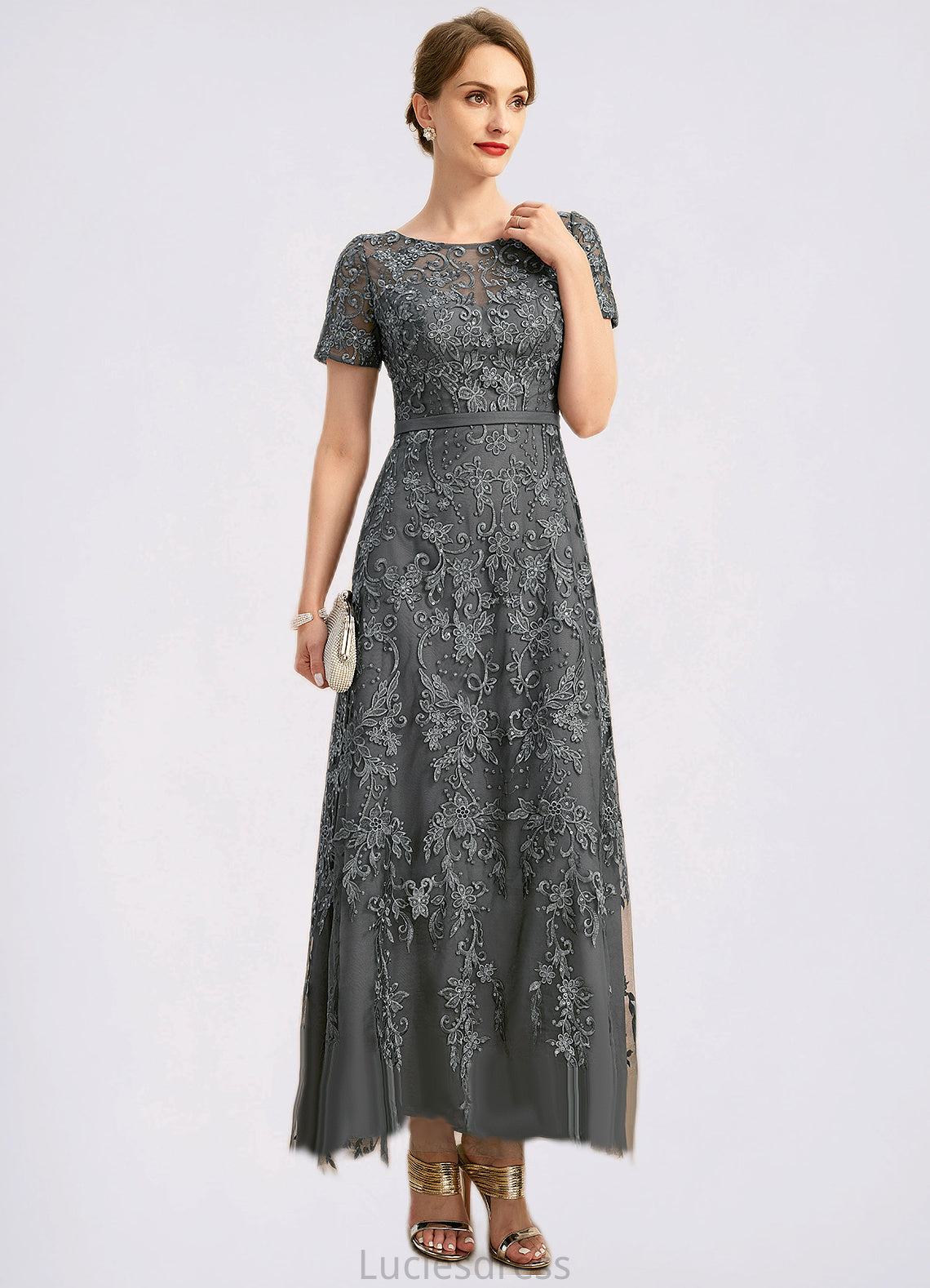 Violet A-line Scoop Illusion Ankle-Length Chiffon Lace Mother of the Bride Dress With Sequins HFP0021753